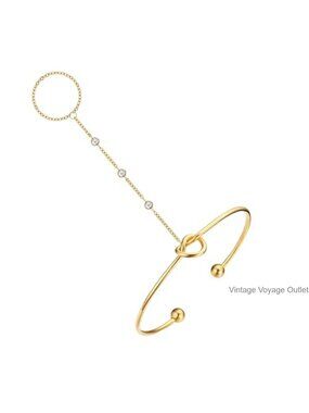 14K Gold Plated Love Knot Cuff Bangle with Ring Link Hand Chain Bracelet